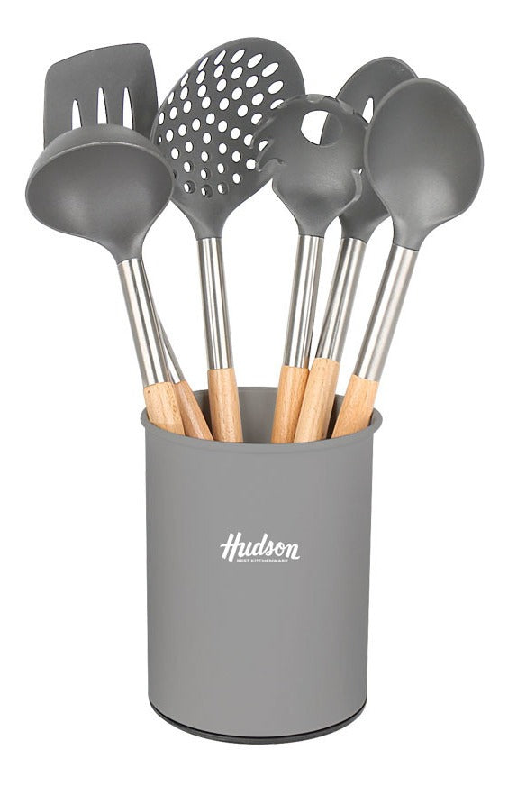 Set 6 Utensilios Nylon Con Mango De Madera Hudson Gris