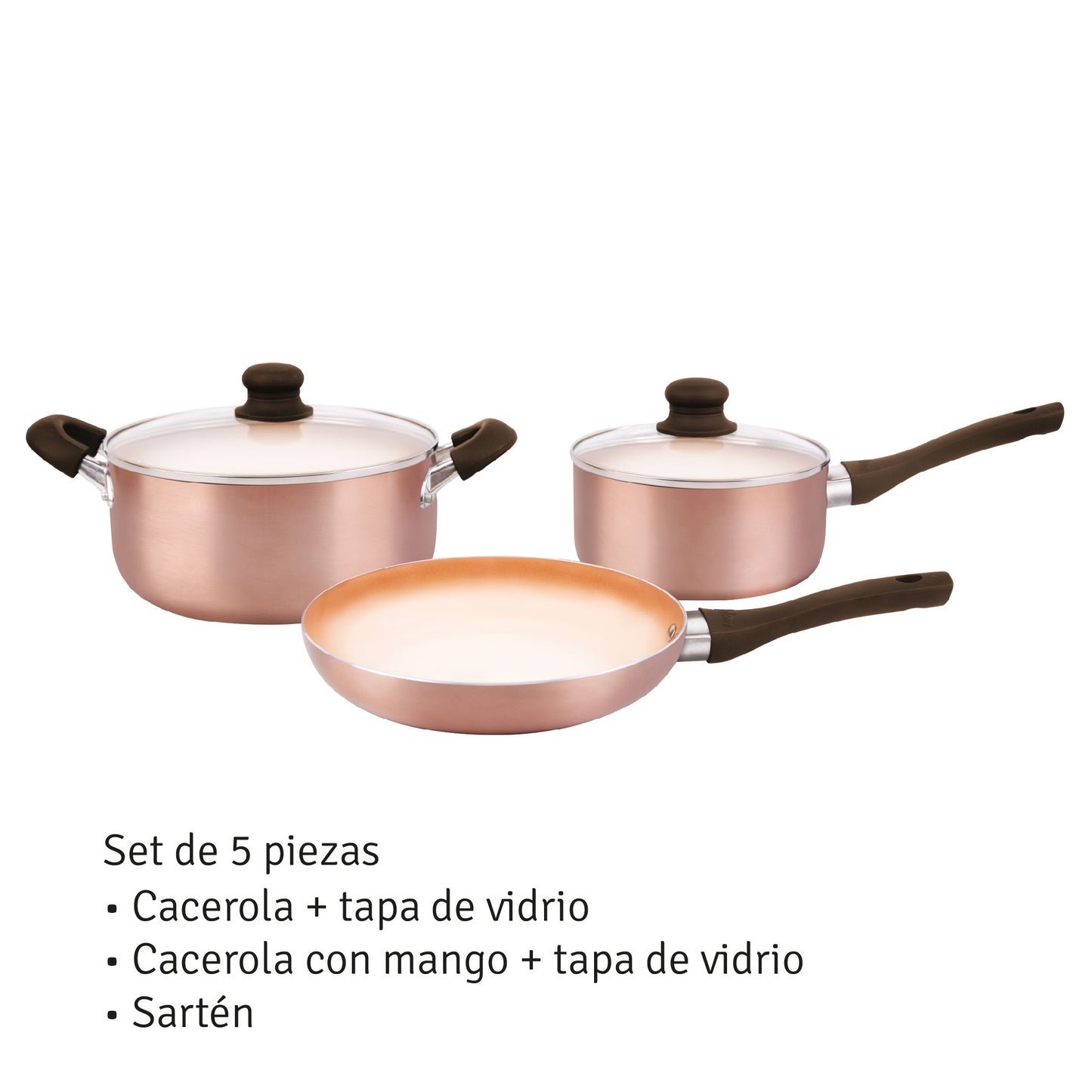 Bateria de Cocina 5 piezas Aluminio c/ Antiadherente Ceramico Cobre