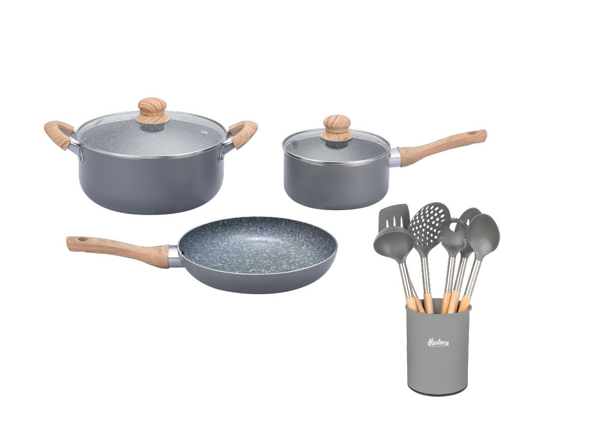 Kit Hudson Granito Bateria De 5 Piezas + Utensilios Madera