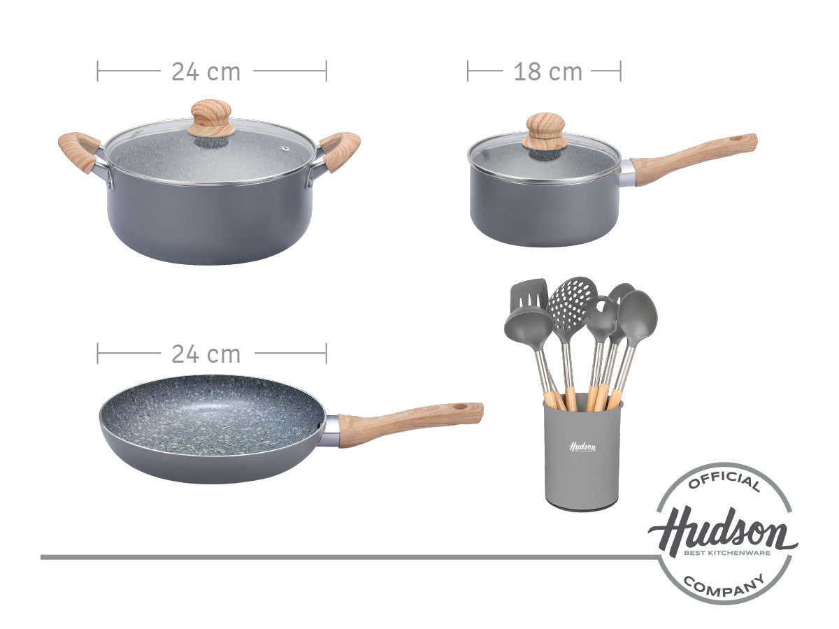 Kit Hudson Granito Bateria De 5 Piezas + Utensilios Madera
