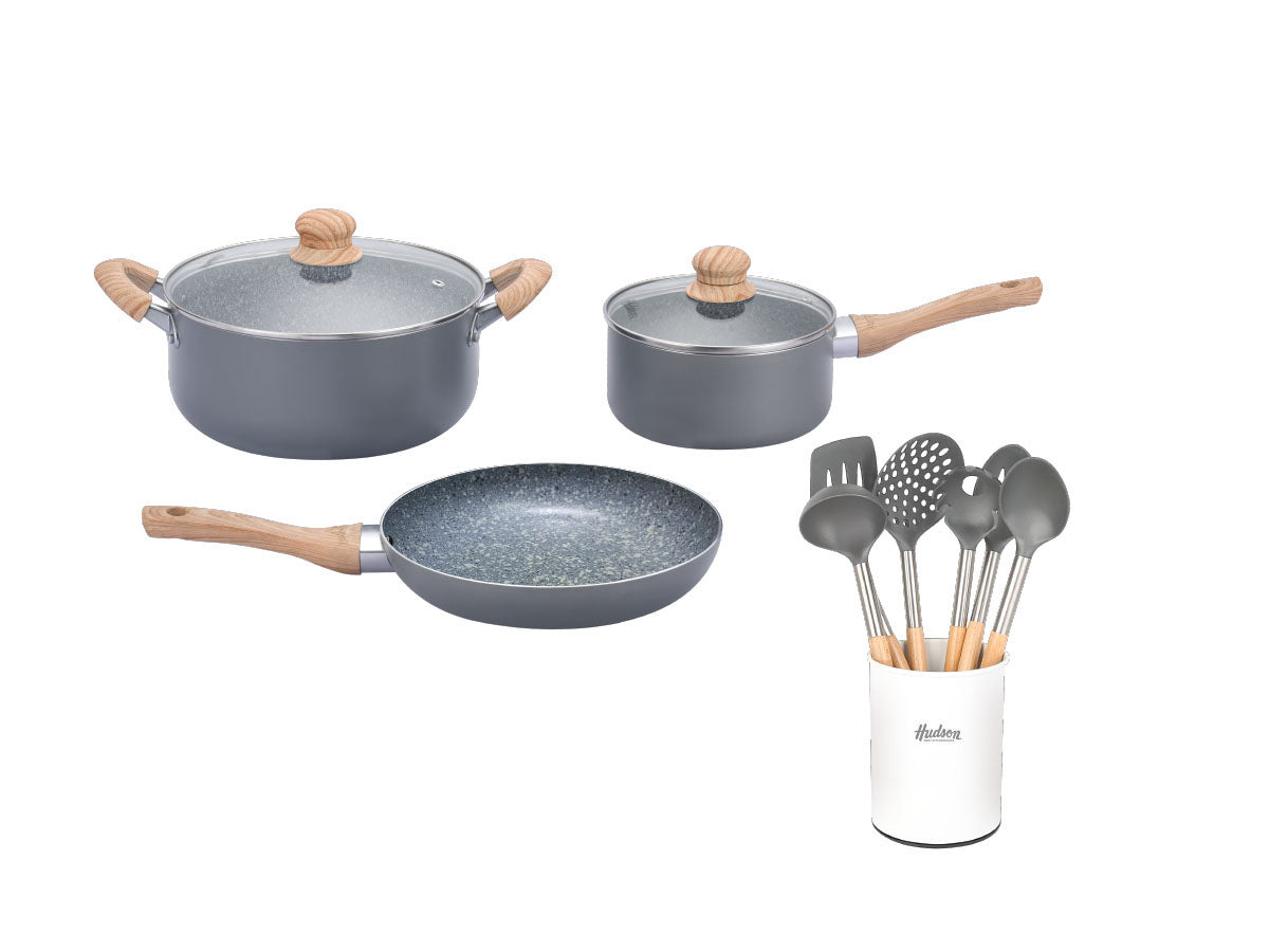Kit Hudson Granito Bateria De 5 Piezas + Utensilios Madera