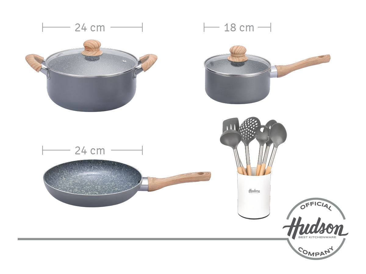Kit Hudson Granito Bateria De 5 Piezas + Utensilios Madera