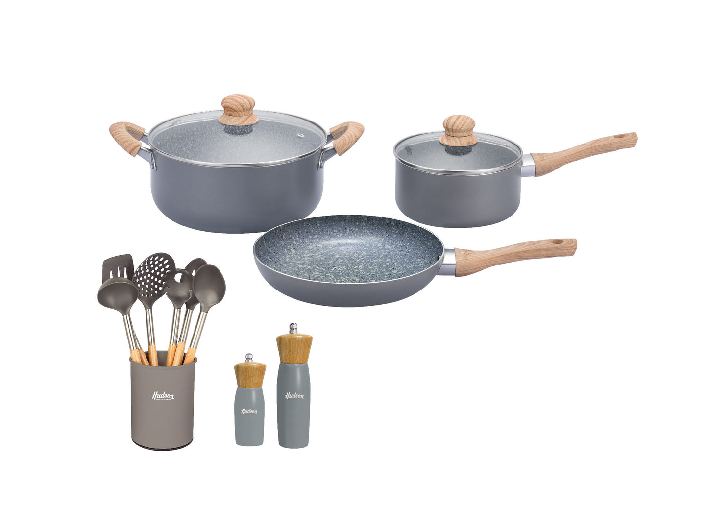 Kit Hudson Granito Bateria De 5 Piezas + Utensilios Madera
