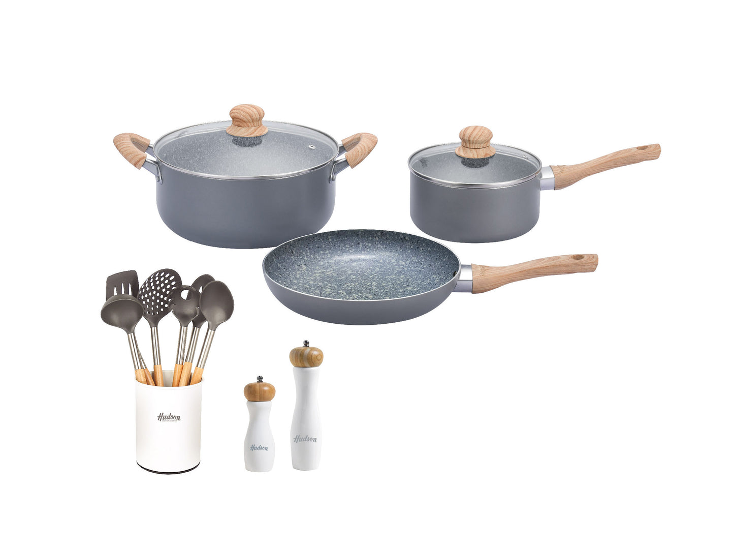 Kit Hudson Granito Bateria De 5 Piezas + Utensilios Madera