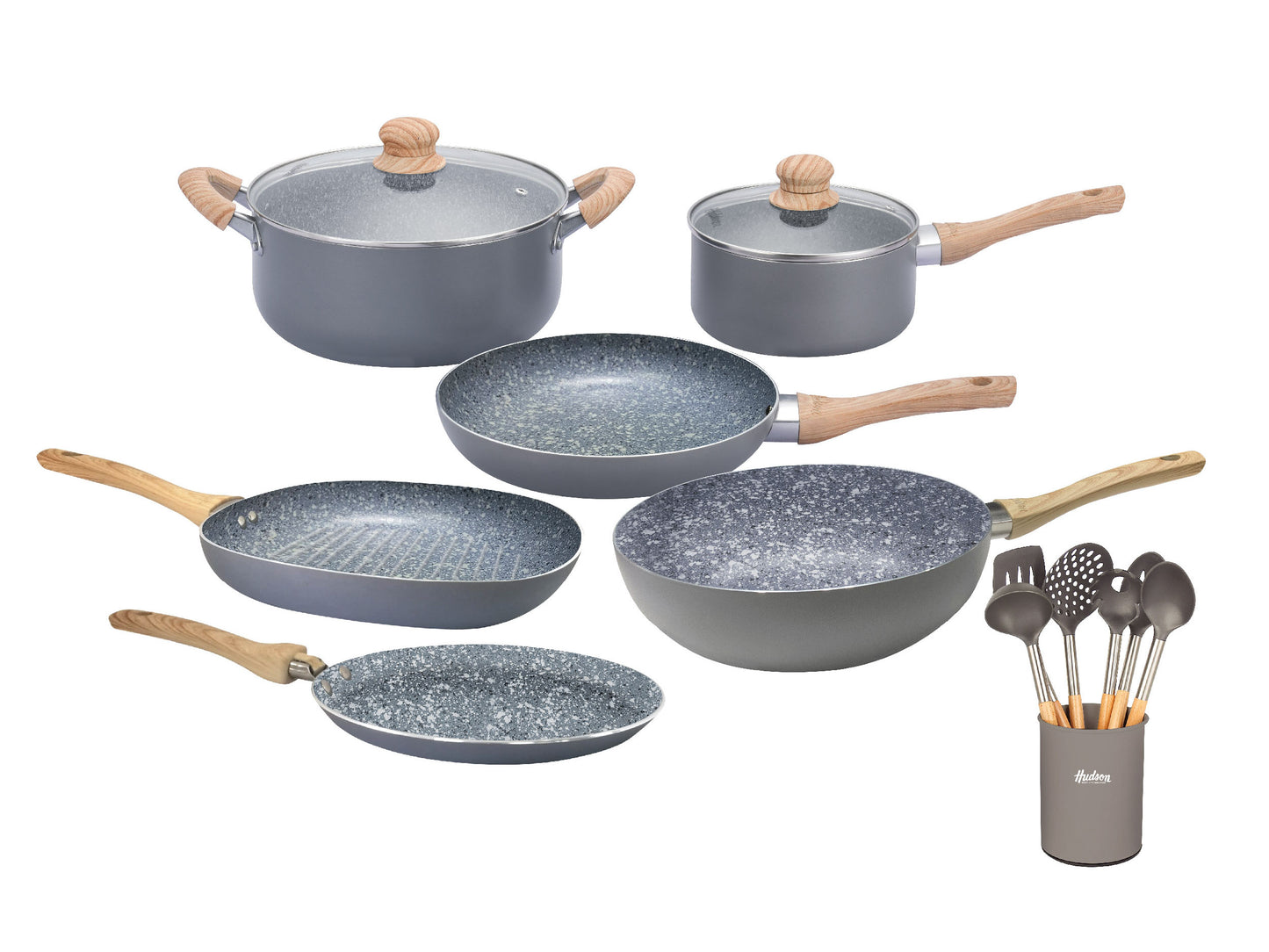 Kit Granito Hudson Cacerolas + Sartenes + Utensilios Gris