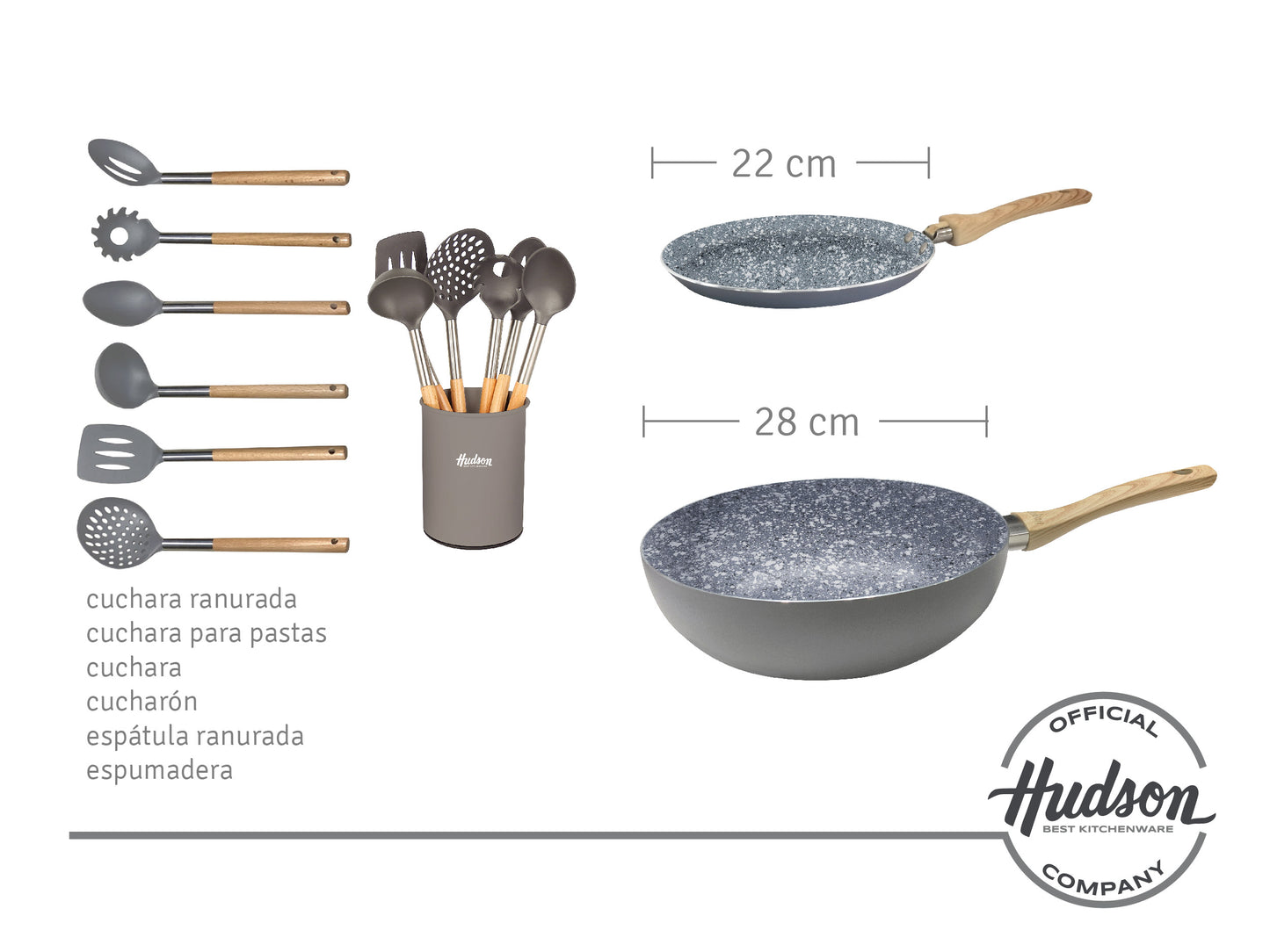 Kit Granito Hudson Cacerolas + Sartenes + Utensilios Gris