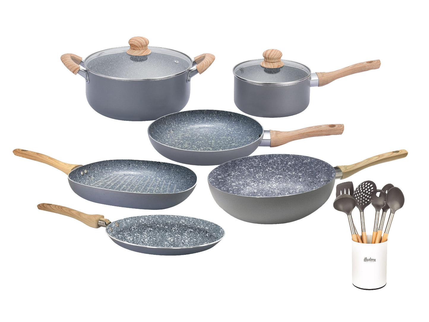 Kit Granito Hudson Cacerolas + Sartenes + Utensilios Blanco