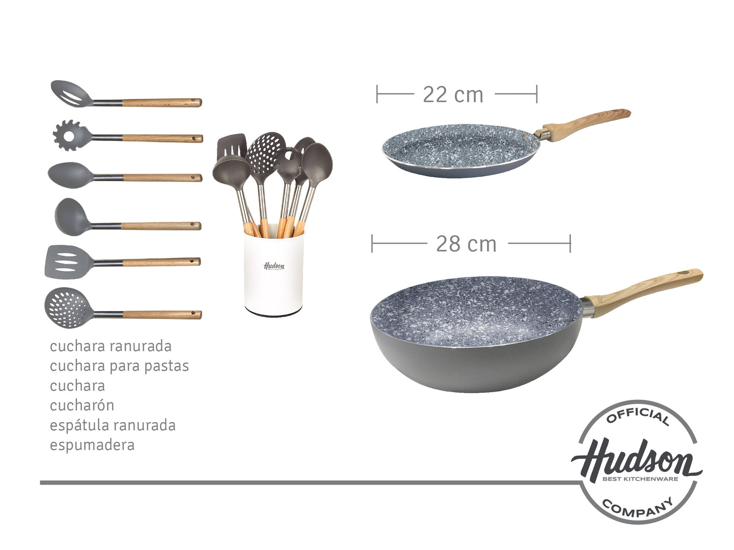 Kit Granito Hudson Cacerolas + Sartenes + Utensilios Blanco