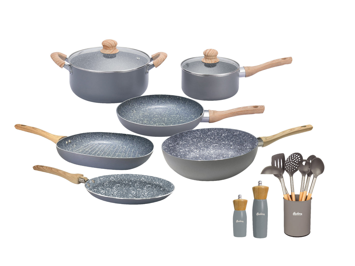 Kit Granito Hudson Cacerolas + Sartenes + Utensilios Blanco