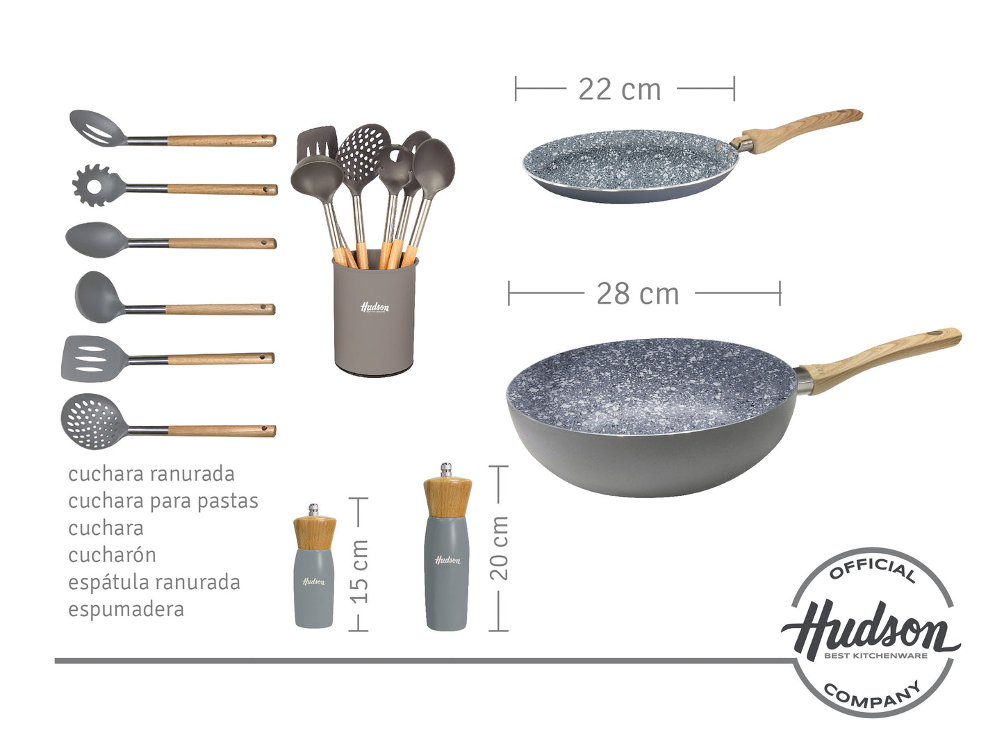 Kit Granito Hudson Cacerolas + Sartenes + Utensilios Blanco