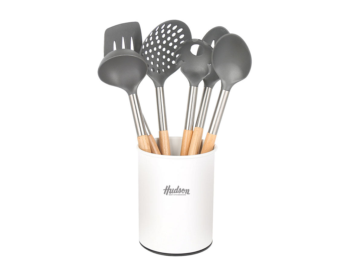 Set 6 Utensilios Nylon Con Mango De Madera Hudson Blanco