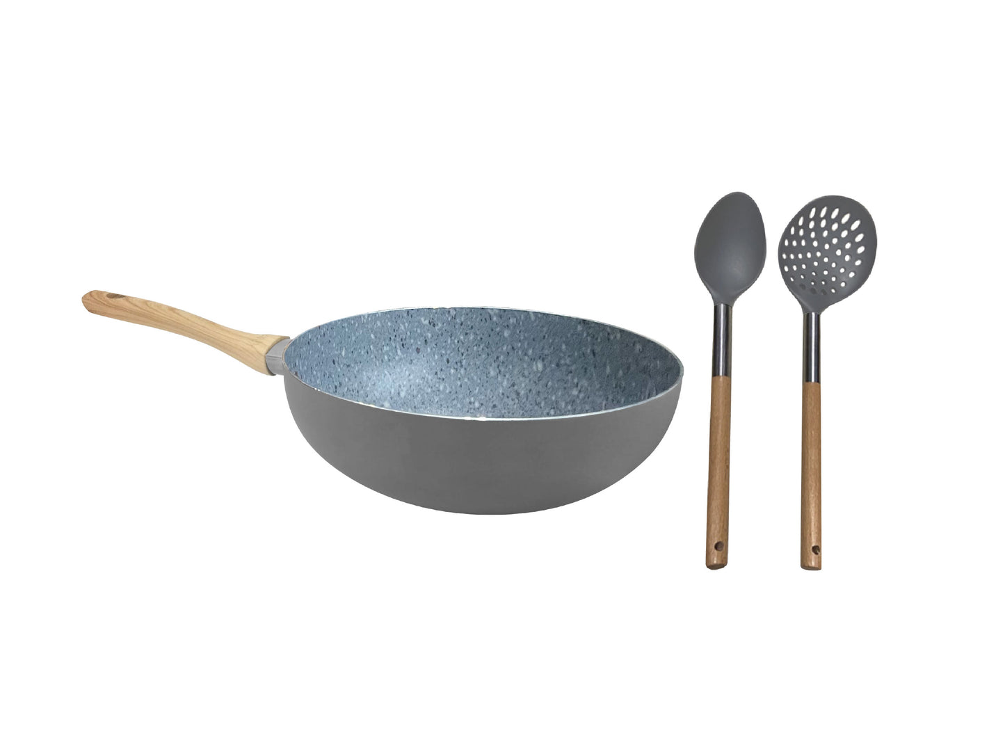 Set de Wok de Aluminio c/ Antiadherente + Espumadera y Cuchara de Madera y Nylon