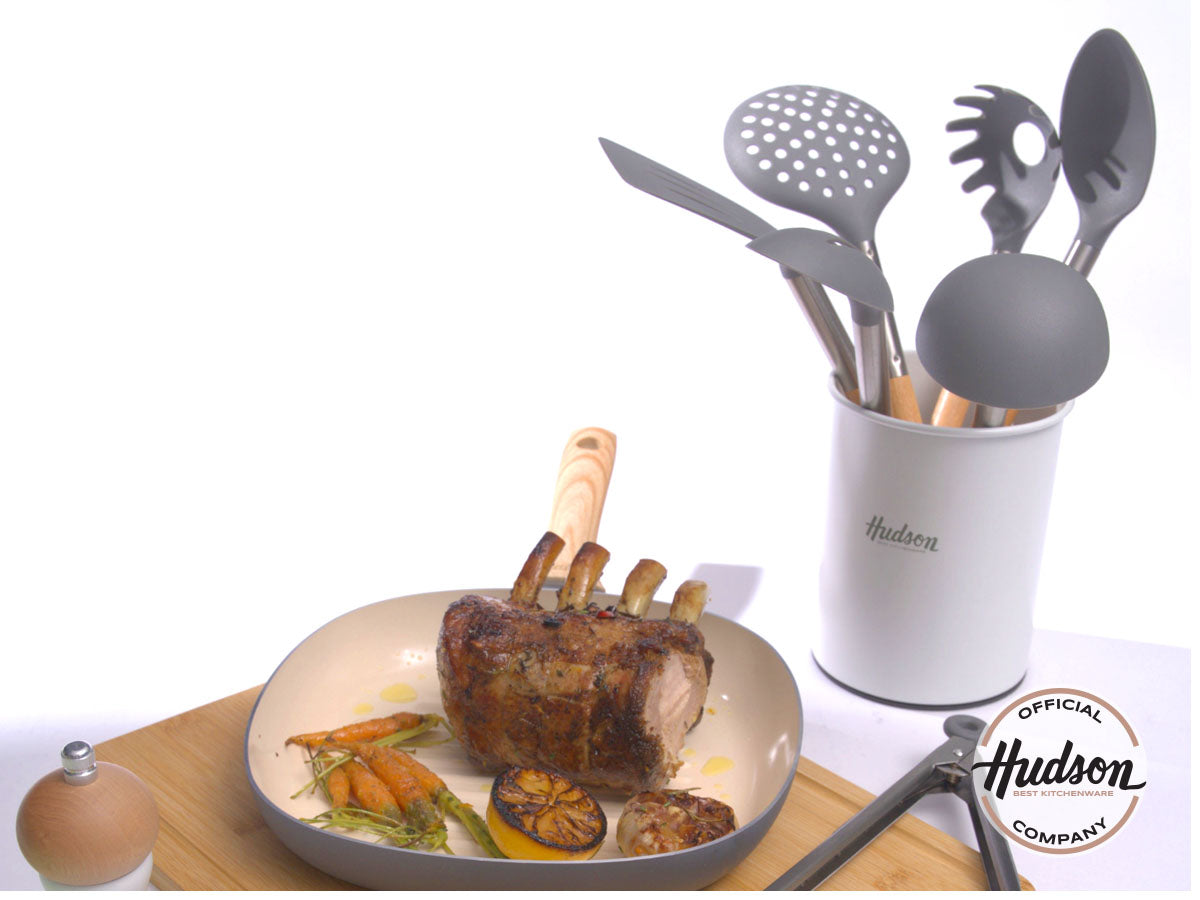 Set 6 Utensilios Nylon Con Mango De Madera Hudson Blanco