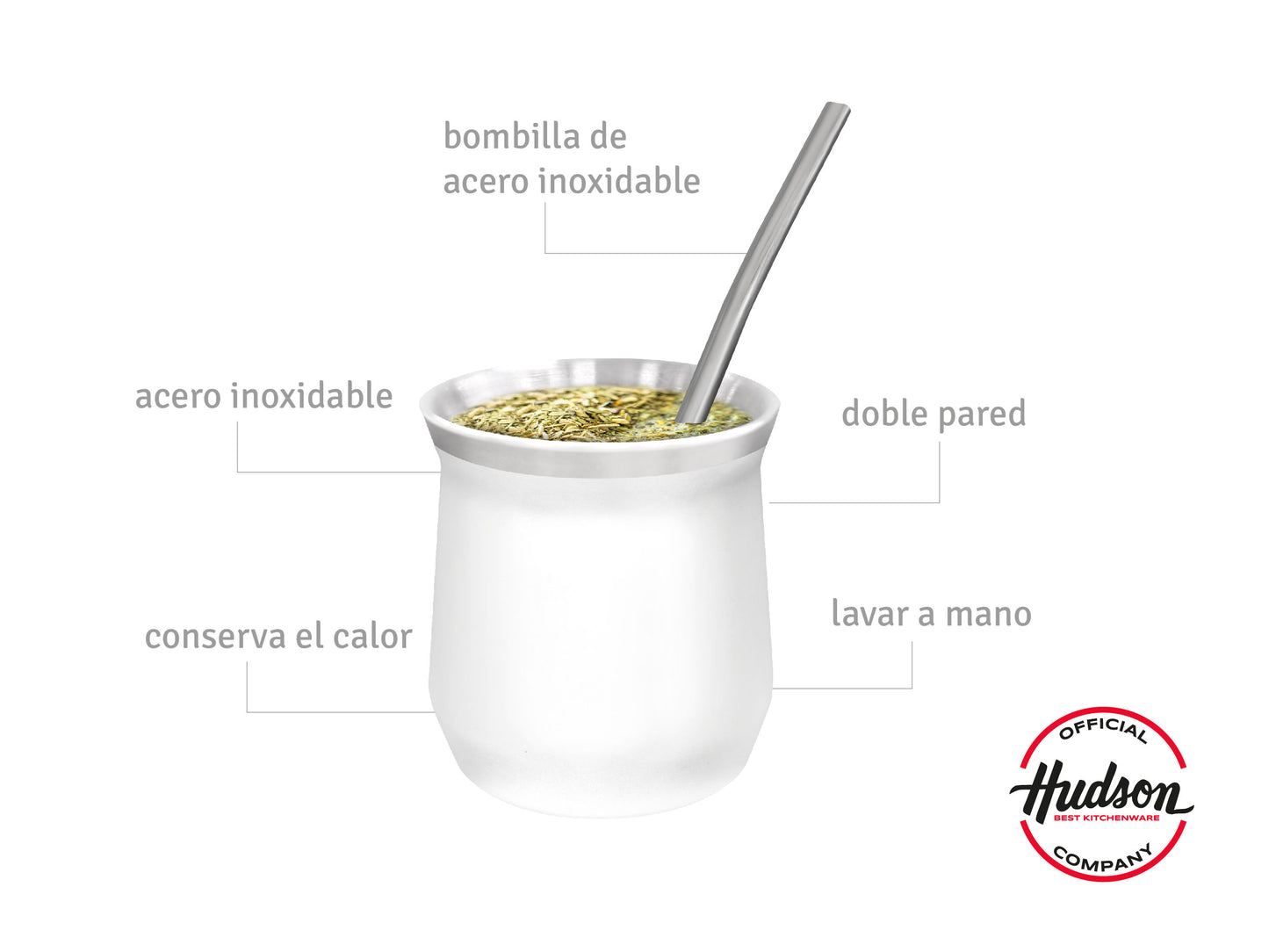 SET MATE ACERO INOX CON BOMBILLA VASO BLANCO