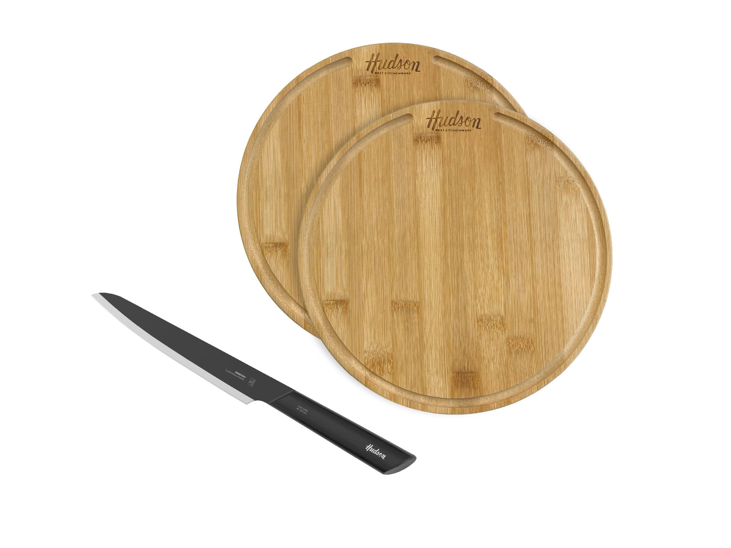 2 Platos Redondos Bambu 26 cm + Cuchillo Trinchador Acero Inoxidable