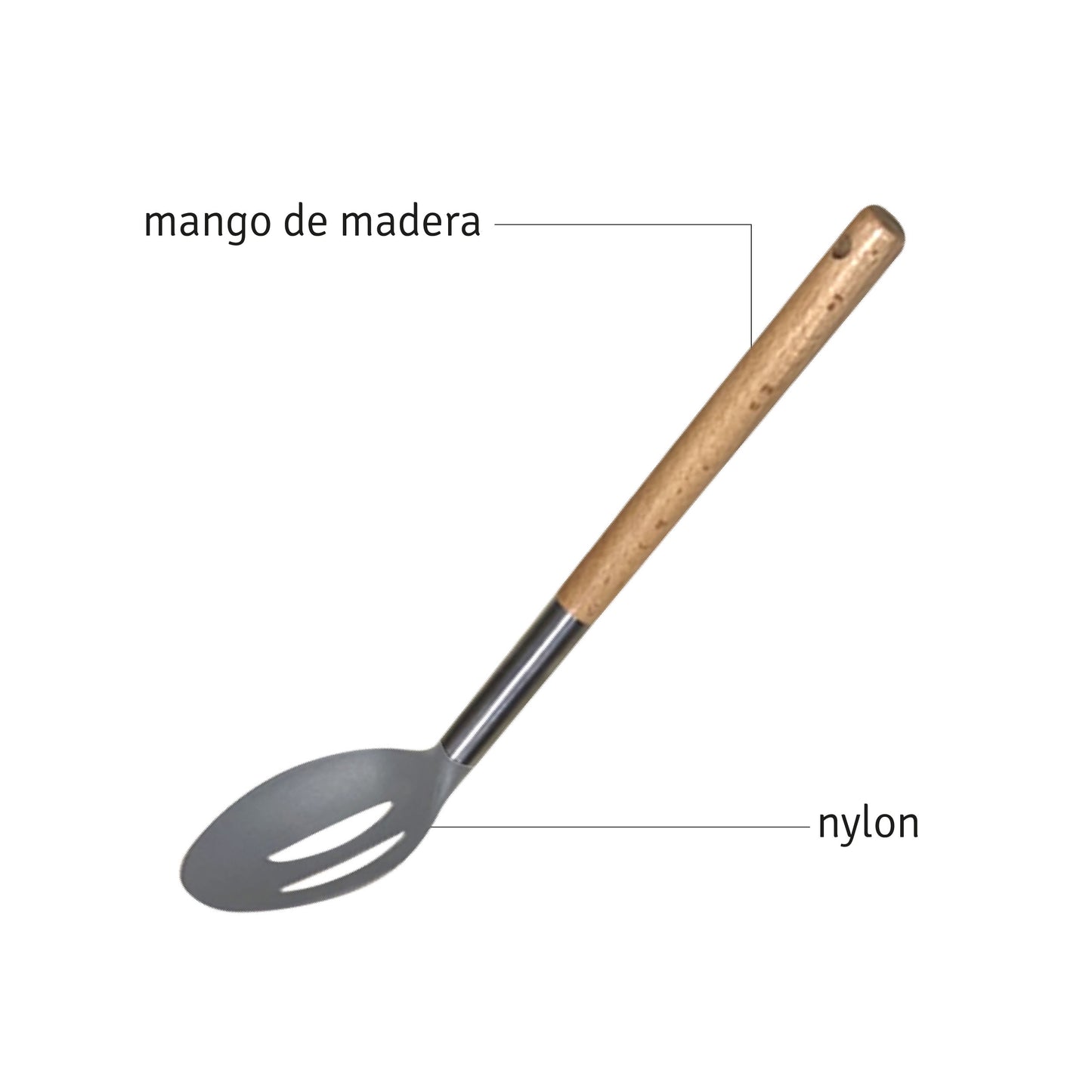 CUCHARA CALADA DE NYLON GRIS C/MANGO DE MADERA