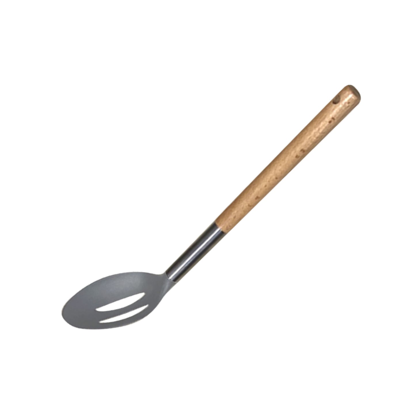 CUCHARA CALADA DE NYLON GRIS C/MANGO DE MADERA