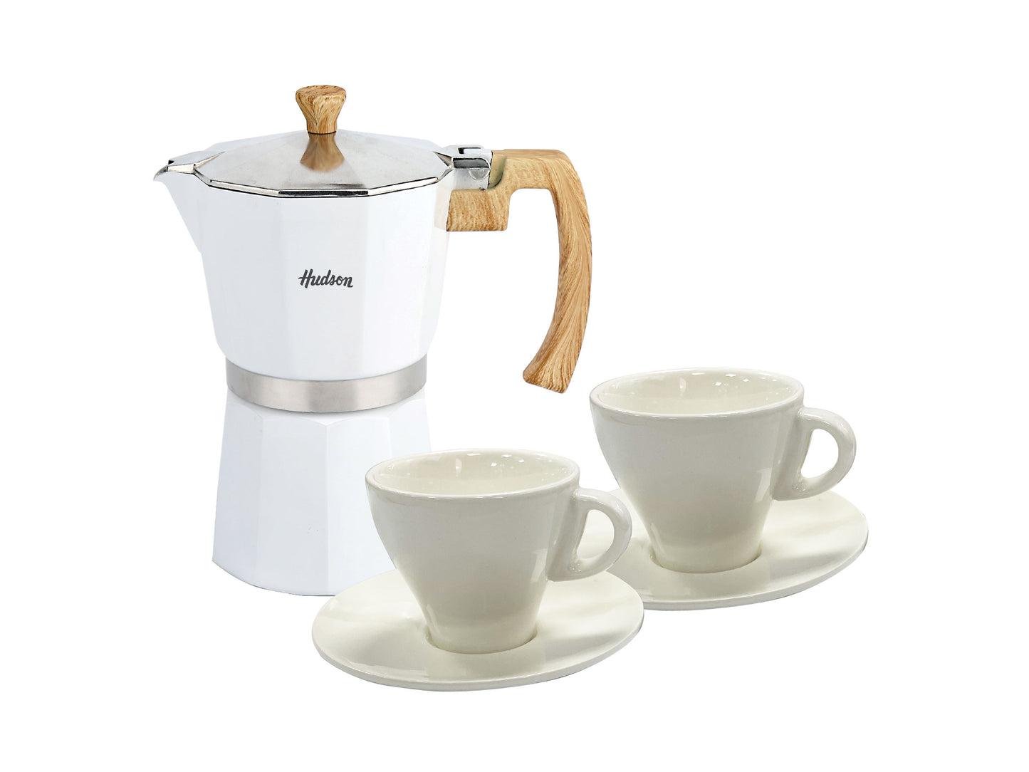 Set Cafetera Italiana Blanca + 2 Pocillos + Plato