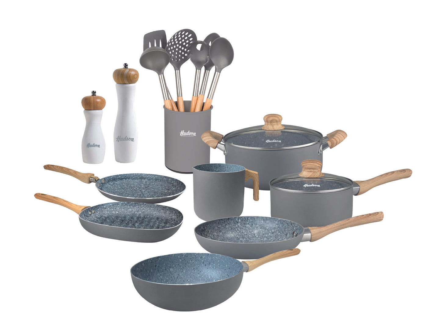 Batería Granito de Aluminio 9 piezas + 2 Molinillos de madera + 6 Utencillos