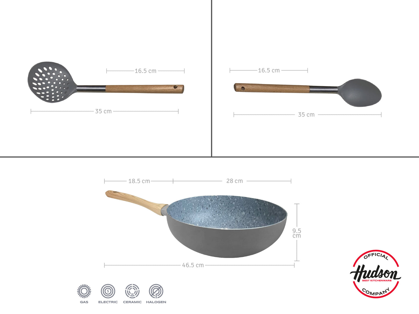 Set de Wok de Aluminio c/ Antiadherente + Espumadera y Cuchara de Madera y Nylon
