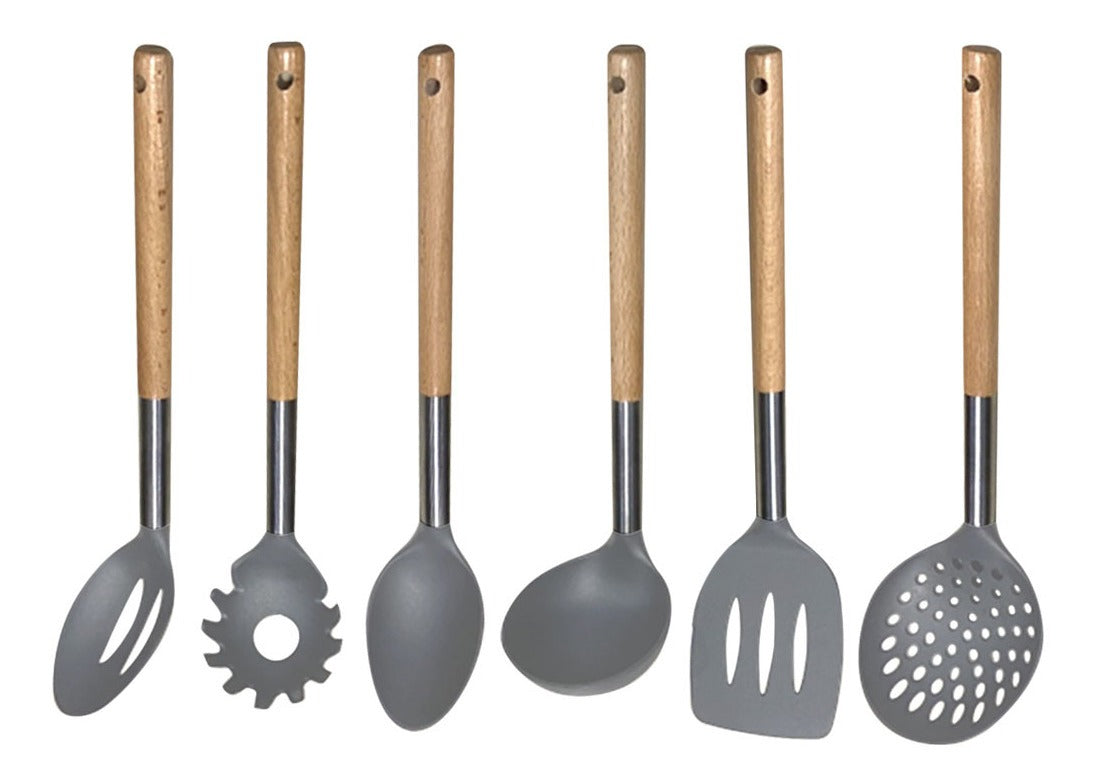 Set 6 Utensilios Con Mango De Madera Hudson Nylon Gris