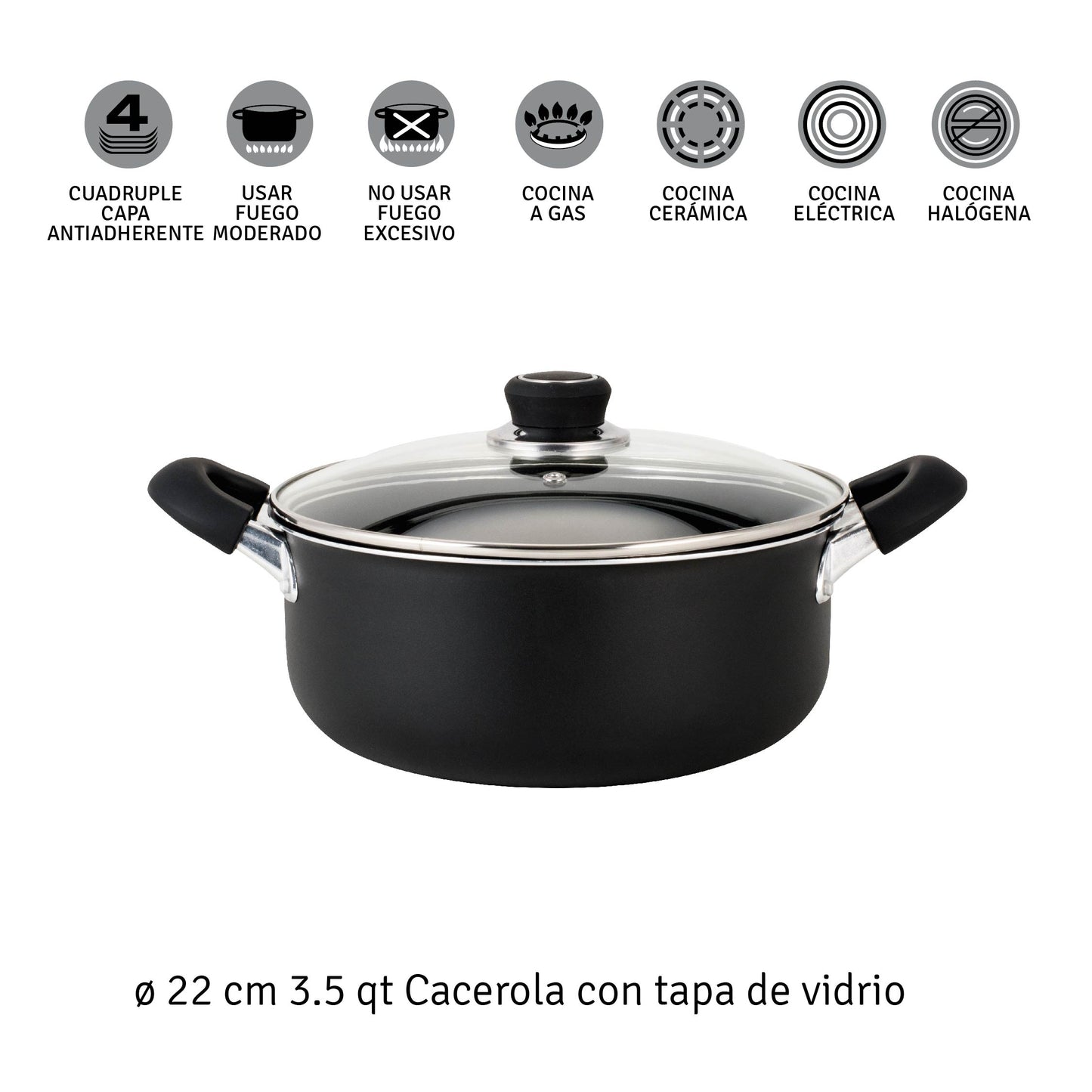 Cacerola Aluminio Antiadherente Negro 22 Cm
