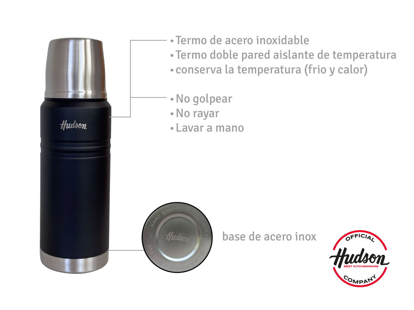 Termo Hudson 750 Negro  De Acero Inoxidable