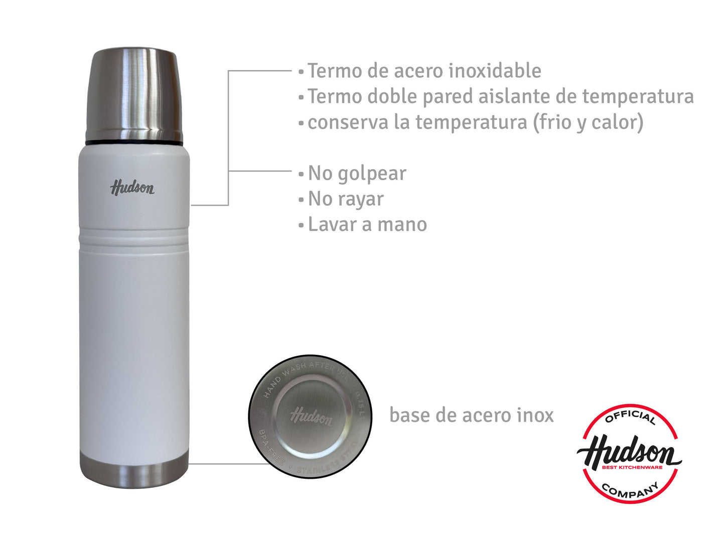 Termo Hudson 1 litro Blanco De Acero Inoxidable