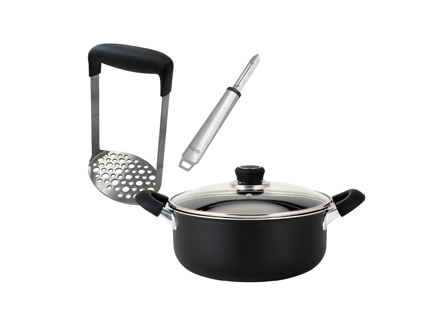 Set Olla Aluminio c/ Antiadherente 22 cm + Pisapapas y Pelapapas de Acero Inoxidable