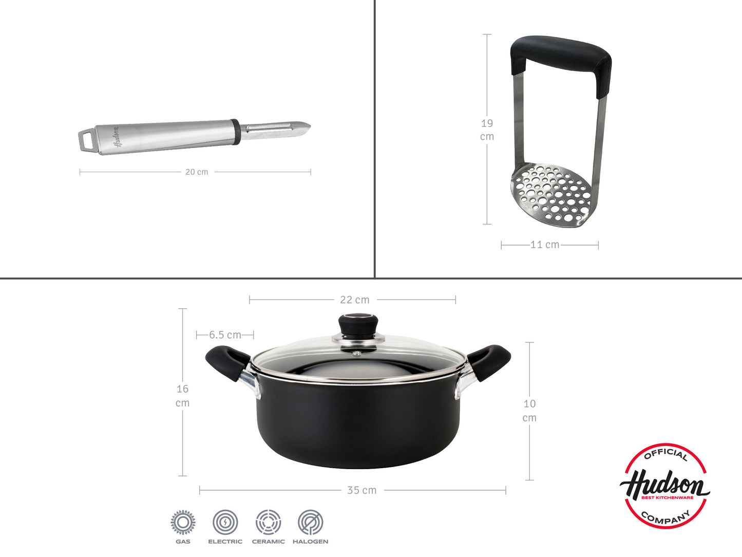 Set Olla Aluminio c/ Antiadherente 22 cm + Pisapapas y Pelapapas de Acero Inoxidable