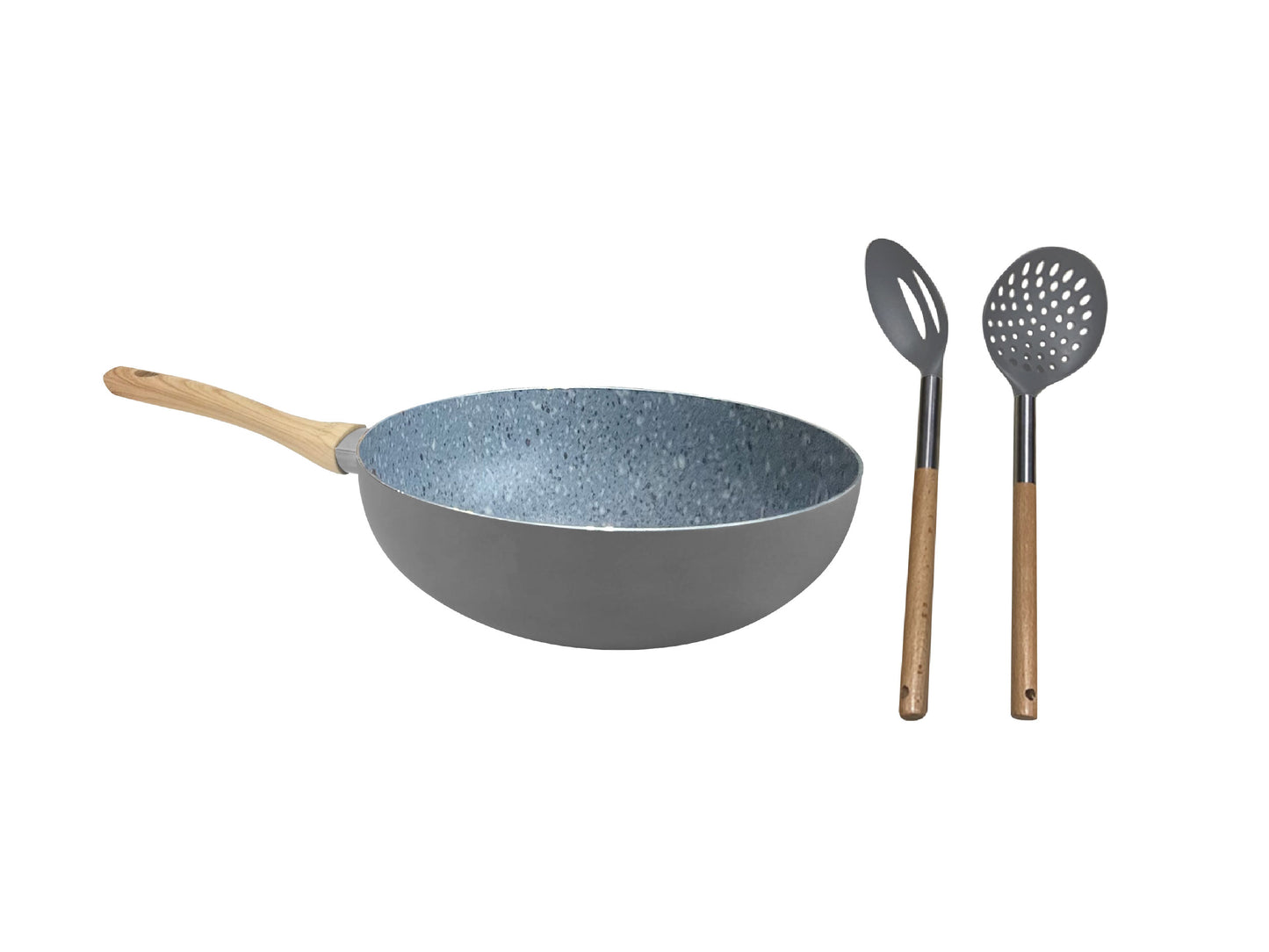 Set de Wok de Aluminio c/ Antiadherente + Cuchara y Espumadera de Nylon y Madera