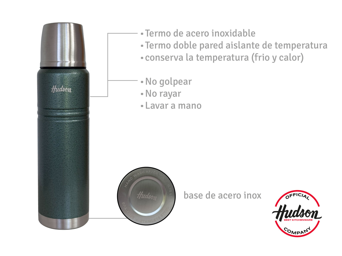 Termo Hudson 1 litro vERDE  De Acero Inoxidable