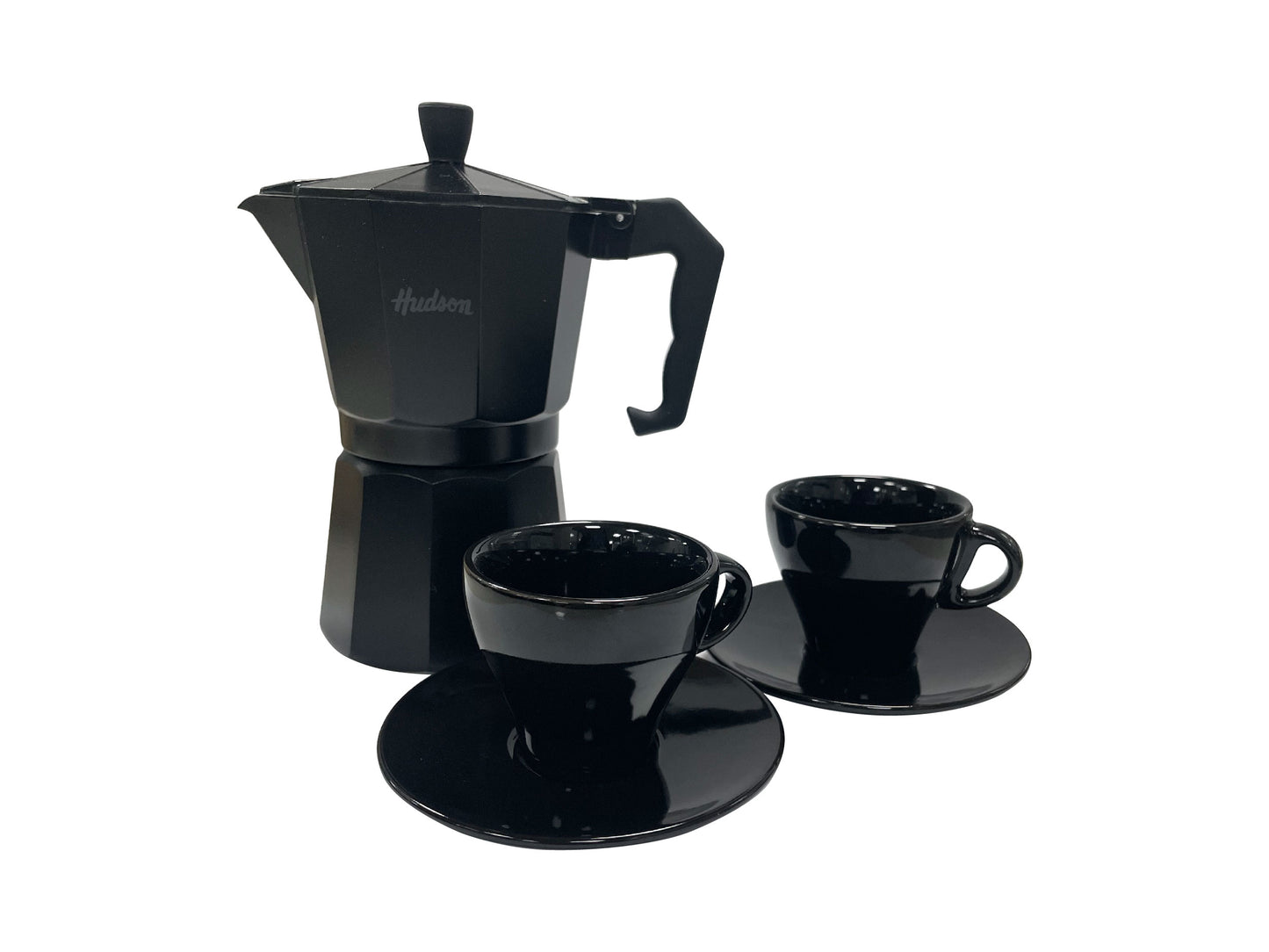 Set Cafetera Italiana Total Black + 2 Pocillos + Plato
