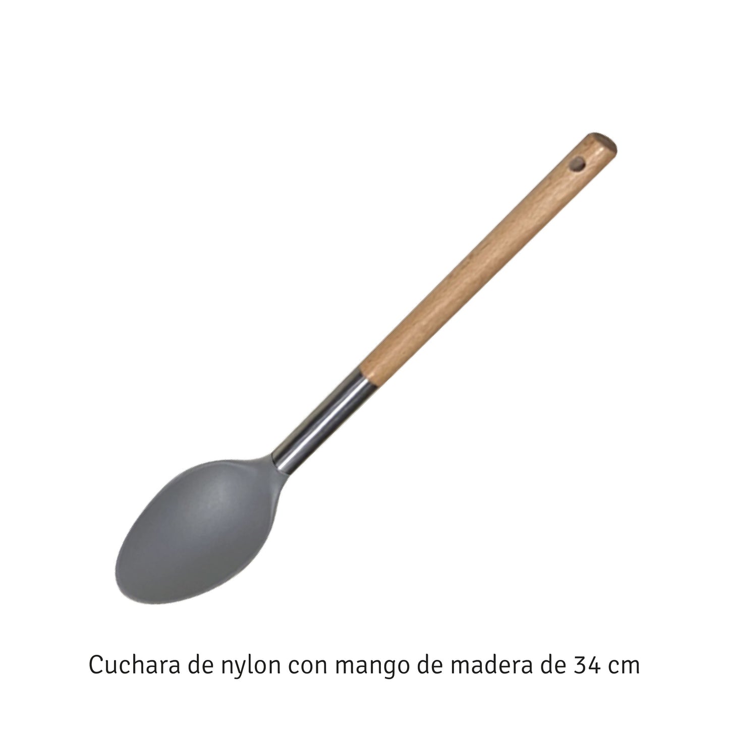 CUCHARA DE NYLON COLOR GRIS C/MANGO DE MADERA
