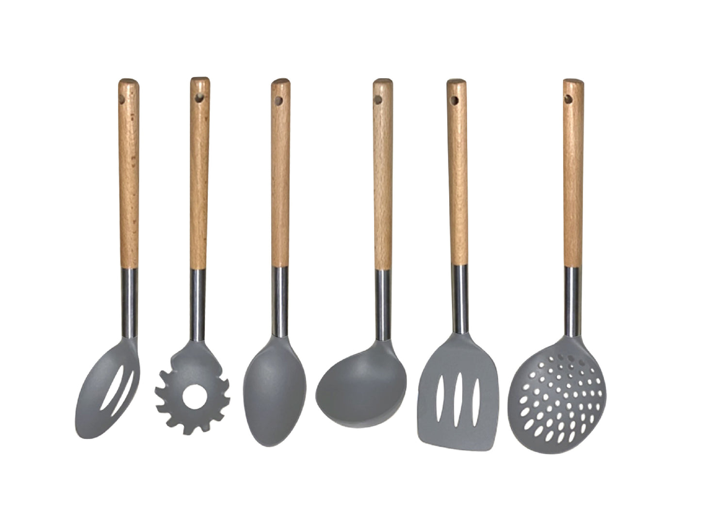 UTENSILIOS DE NYLON GRIS C/MANGO MADERA