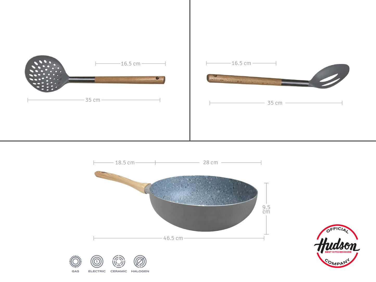 Set de Wok de Aluminio c/ Antiadherente + Cuchara y Espumadera de Nylon y Madera