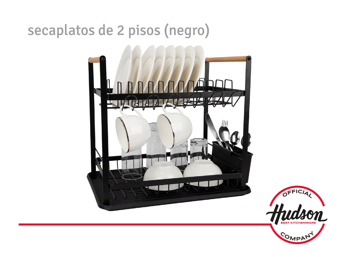 Escurridor De Platos Negro 2 Pisos Madera Hudson Cocina