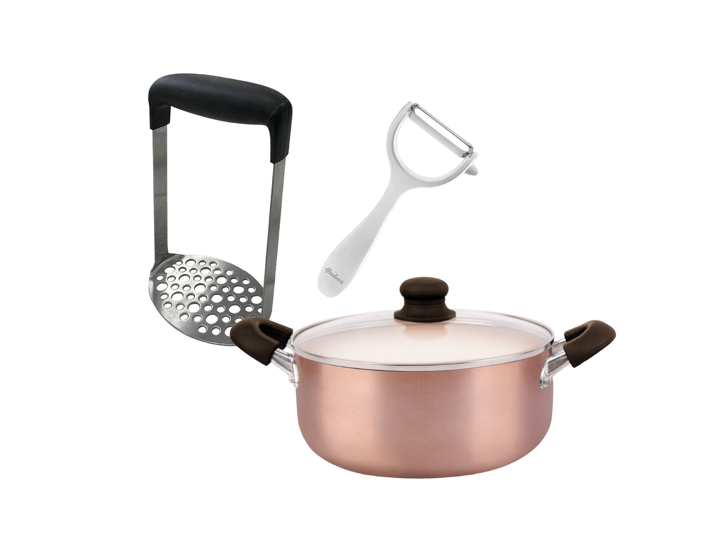 Set Olla Aluminio c/ Antiadherente 22cm + Pisapapas y Pelapapas Acero Inoxidable