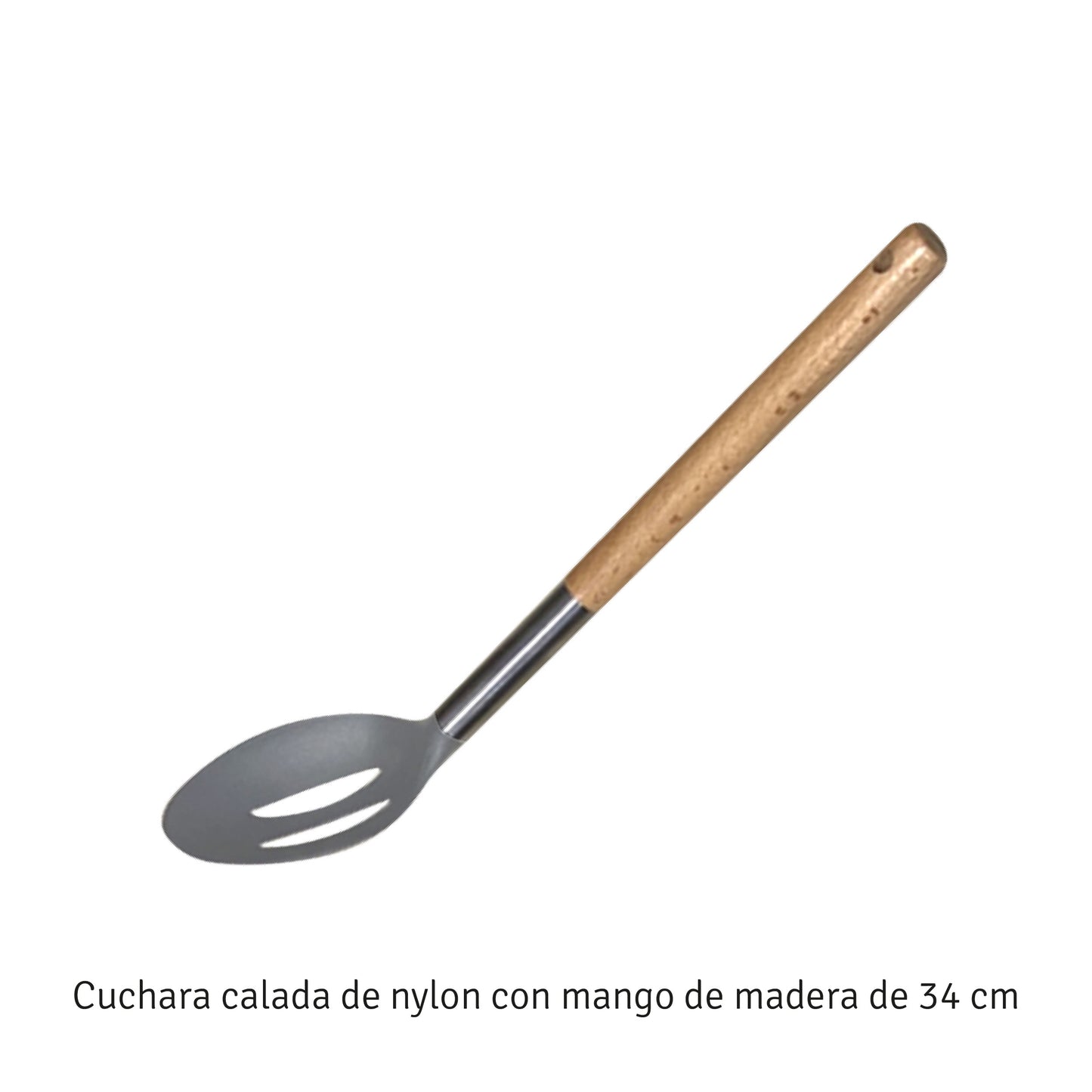 CUCHARA CALADA DE NYLON GRIS C/MANGO DE MADERA