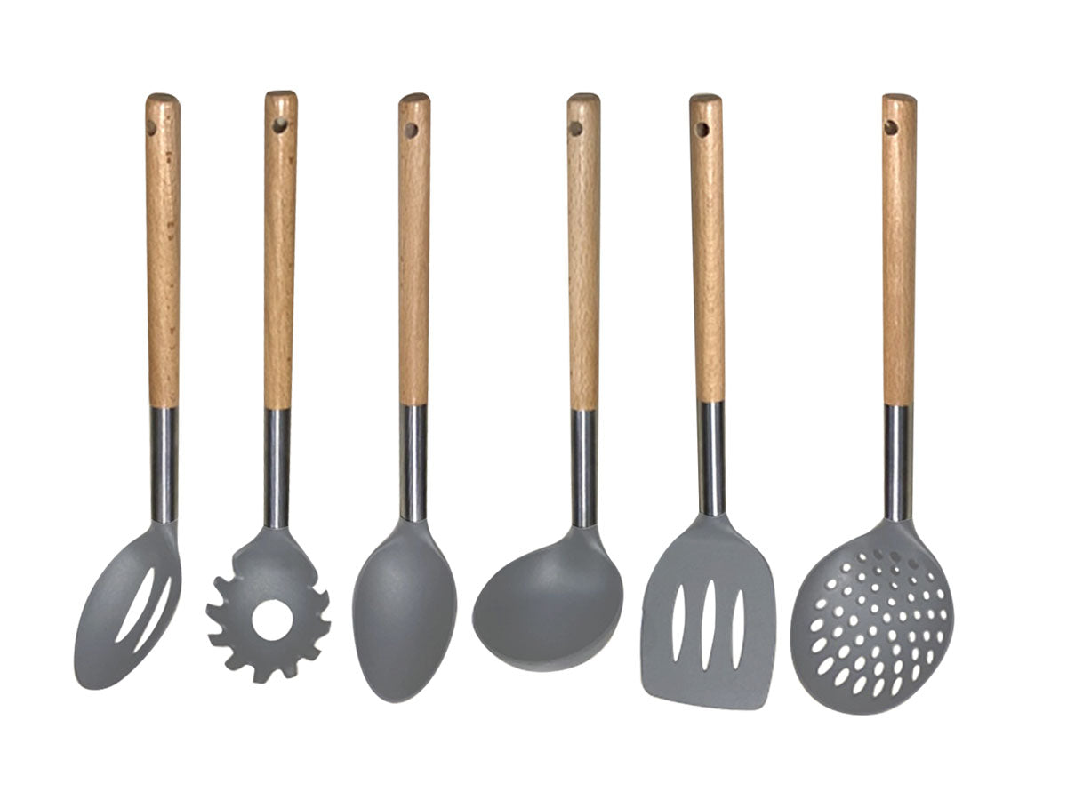 Set 6 Utensilios Nylon Con Mango De Madera Hudson Gris
