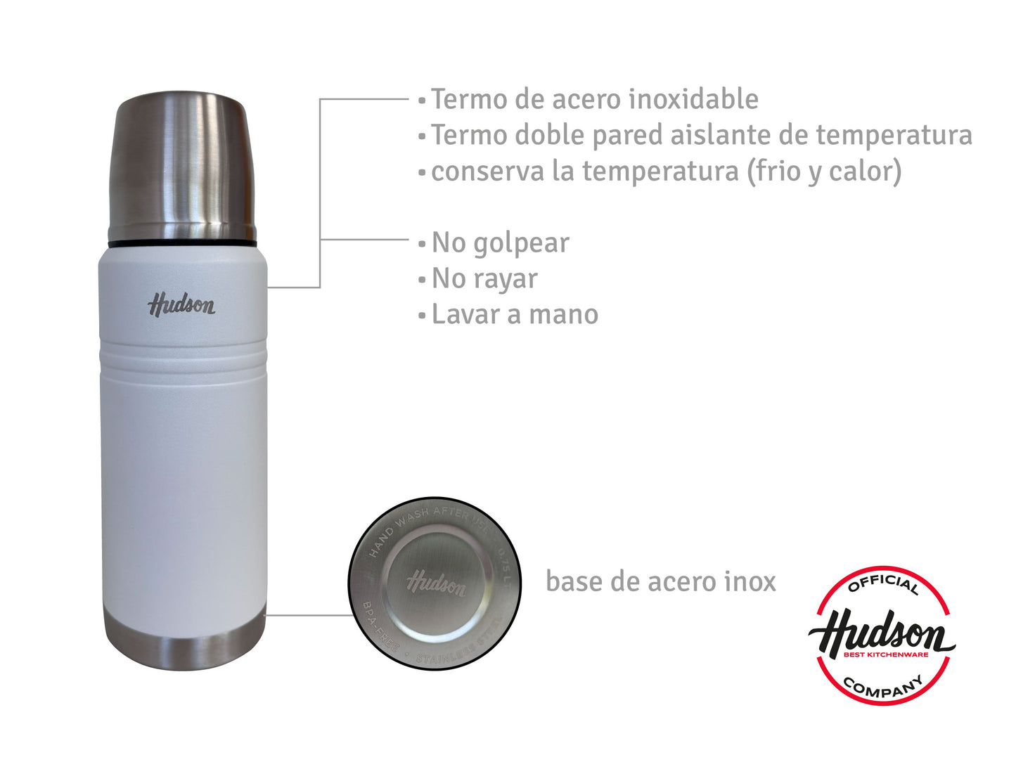 Termo Hudson 750 Ml Blanco De Acero Inoxidable