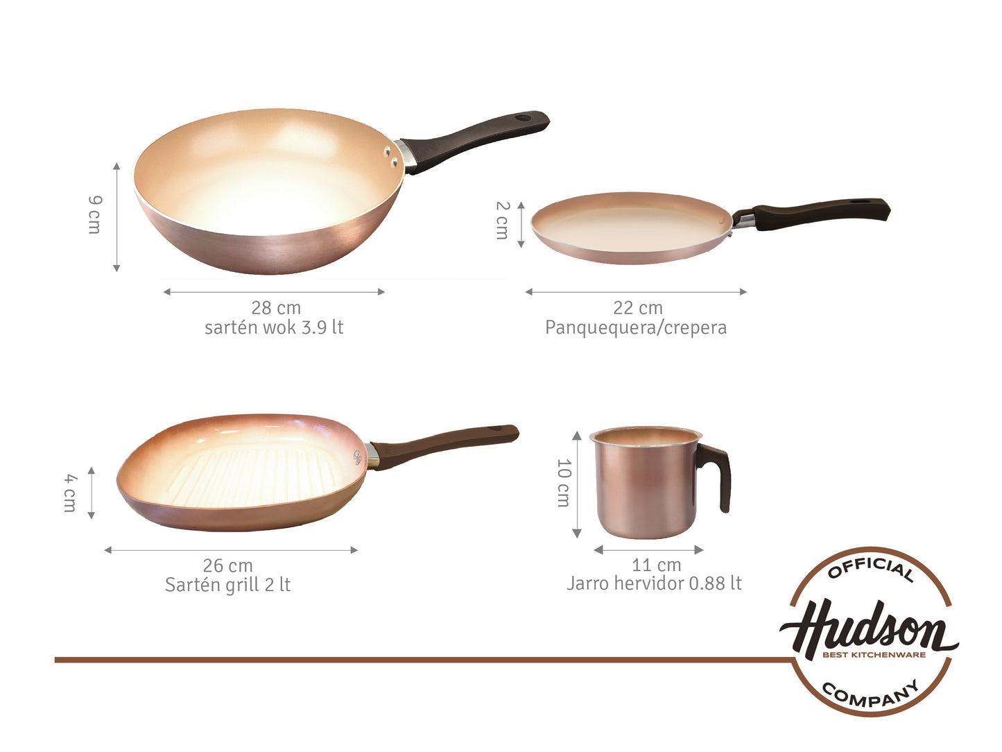 Set Hudson Cobre 8 Piezas Bateria + Wok + Bifera + Jarro