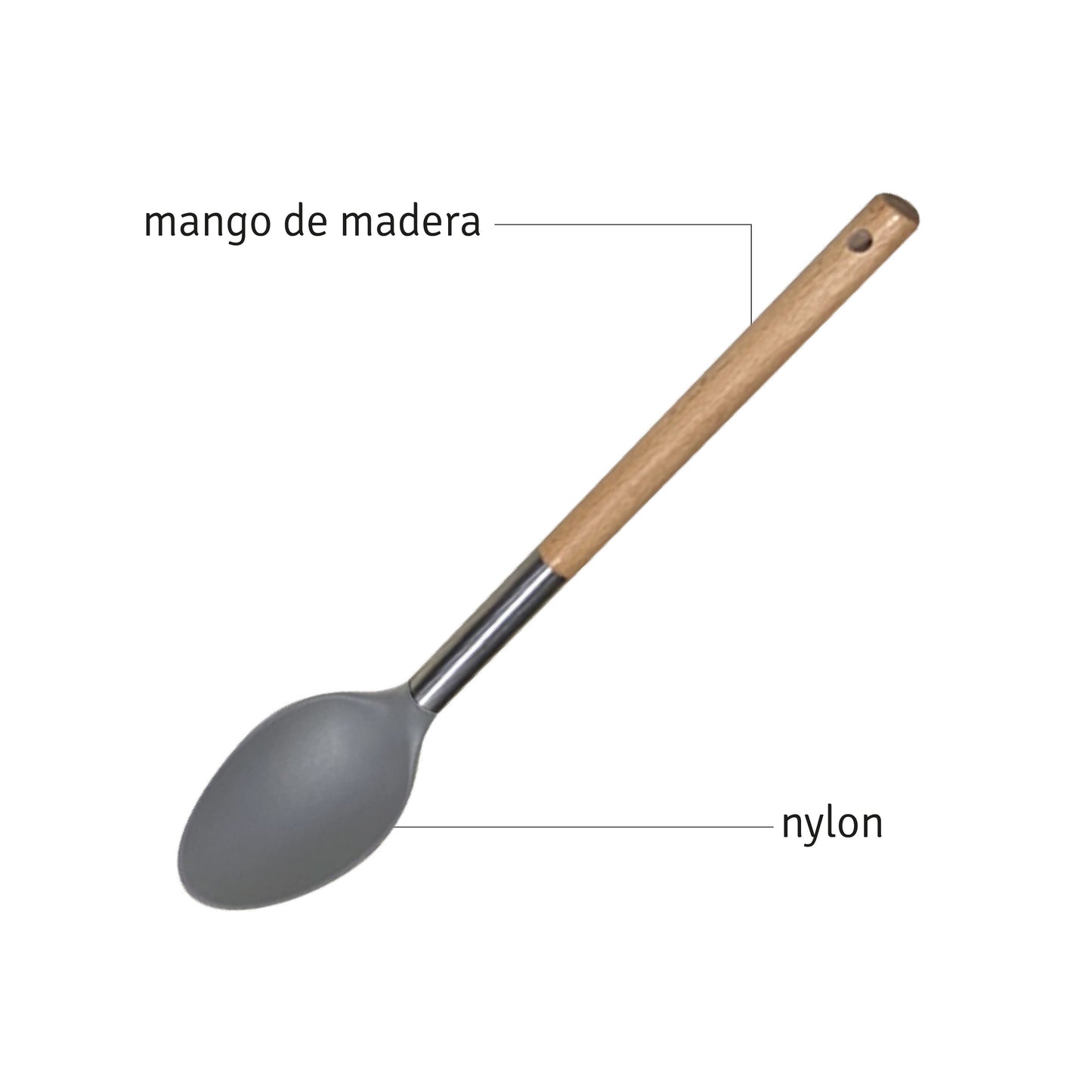 CUCHARA DE NYLON COLOR GRIS C/MANGO DE MADERA