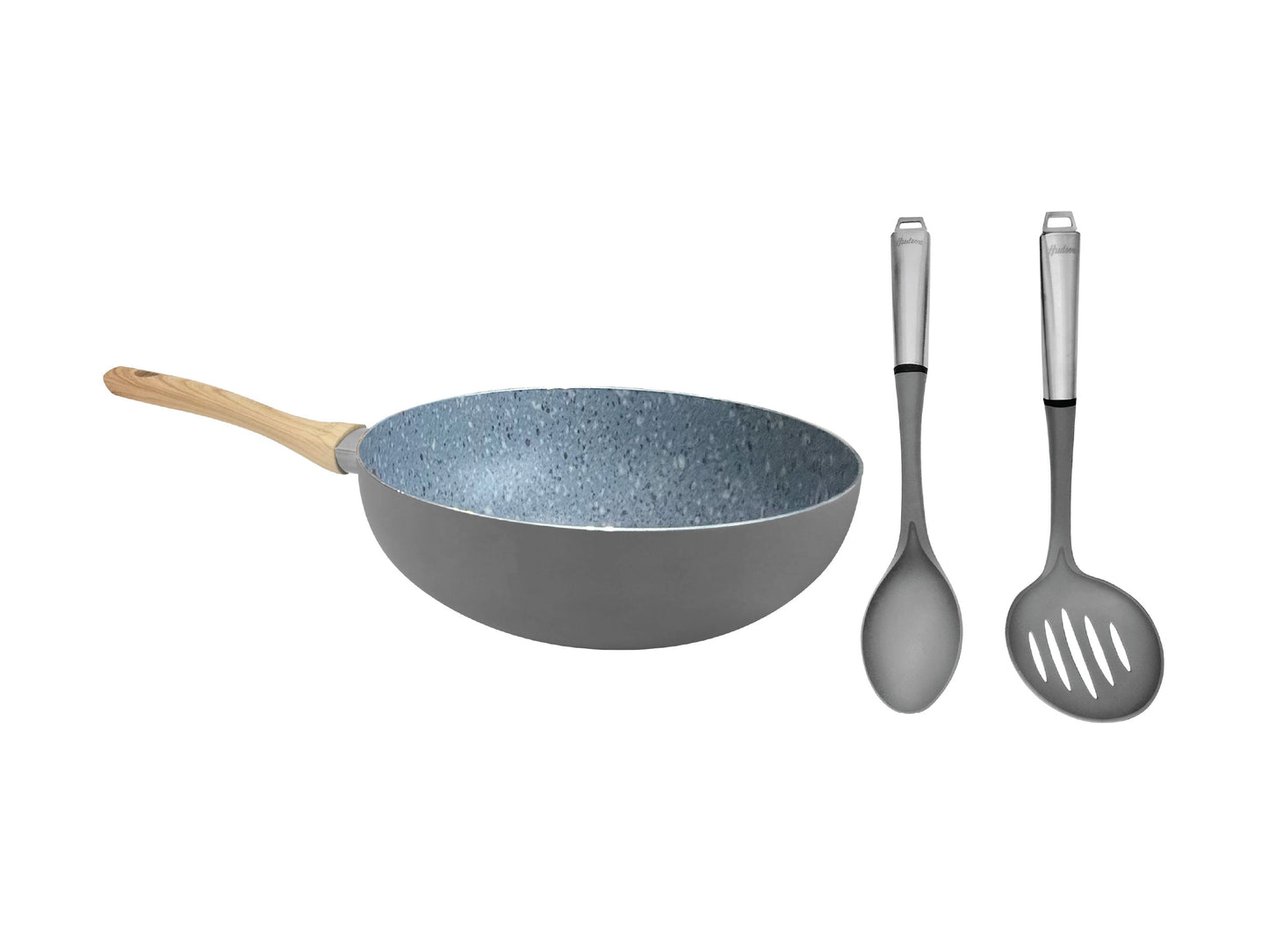Set de Wok de Aluminio c/ Antiadherente+ Espumadera y Cuchara de Acero y Nylon